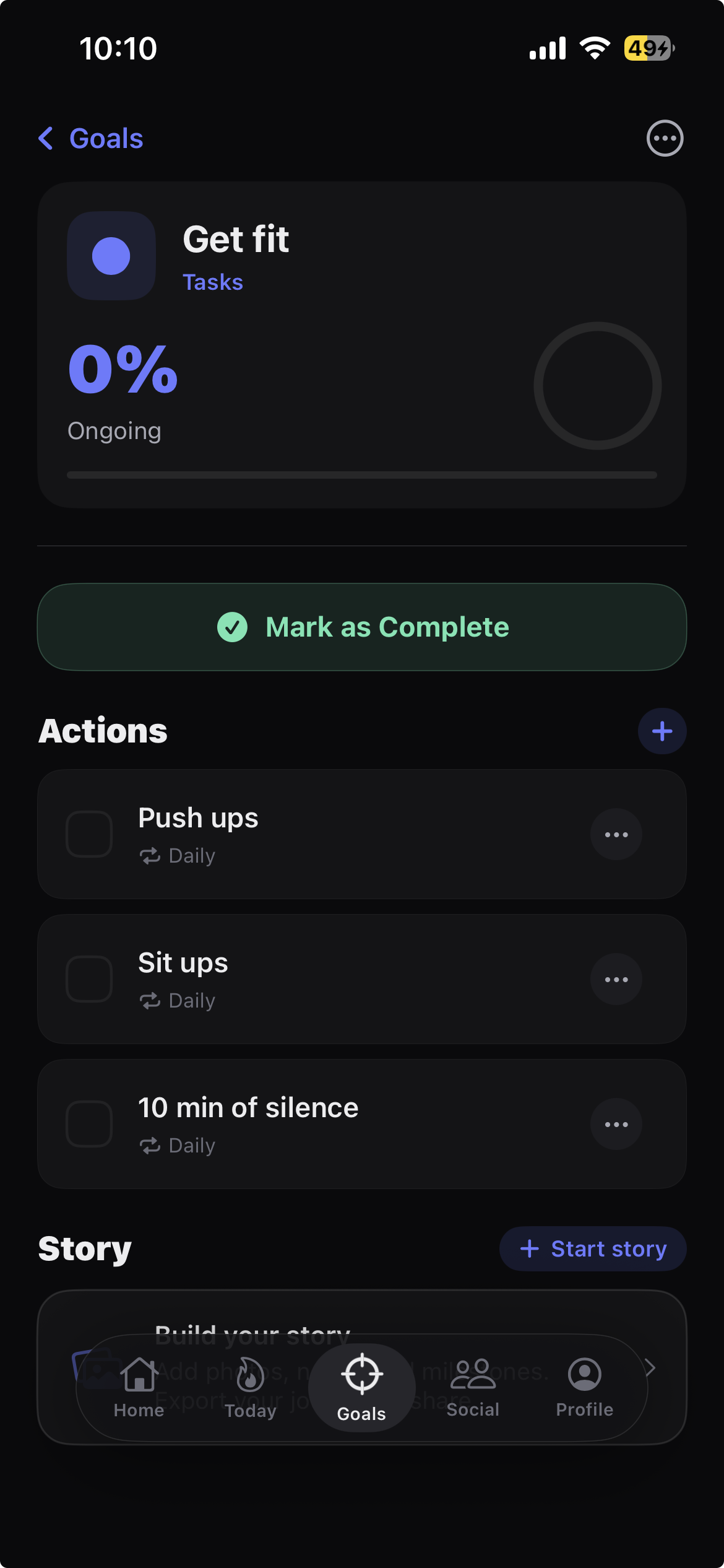 Goal detail — Get Fit with linked actions, progress ring, and Story entries