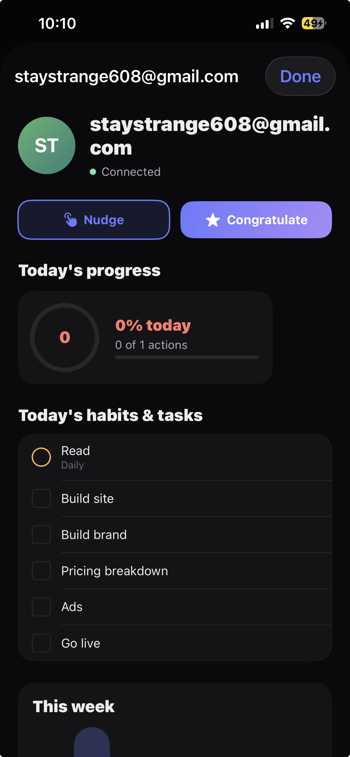 Stride partner view — see your accountability partner's progress, nudge them, and celebrate wins together